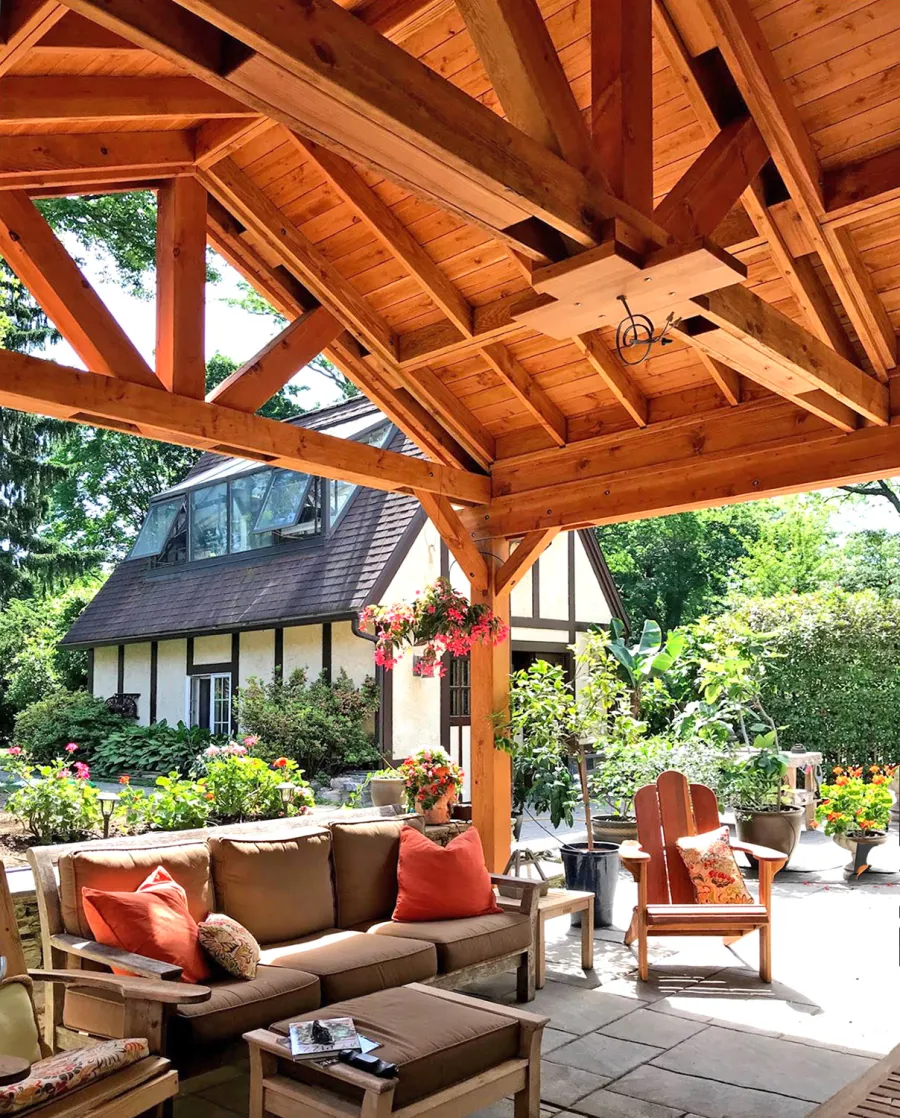 Del Norte Porch Pavilion (Options: 17' L x 18' W, Douglas-fir, 2-Post Anchor Kit for High-Wind, 1 Ceiling Fan Base, Straight Internal Truss Supports by Custom Request, 1 Electrical Wiring Trim Kit, No Post Decorative Trims, Transparent Premium Sealant).