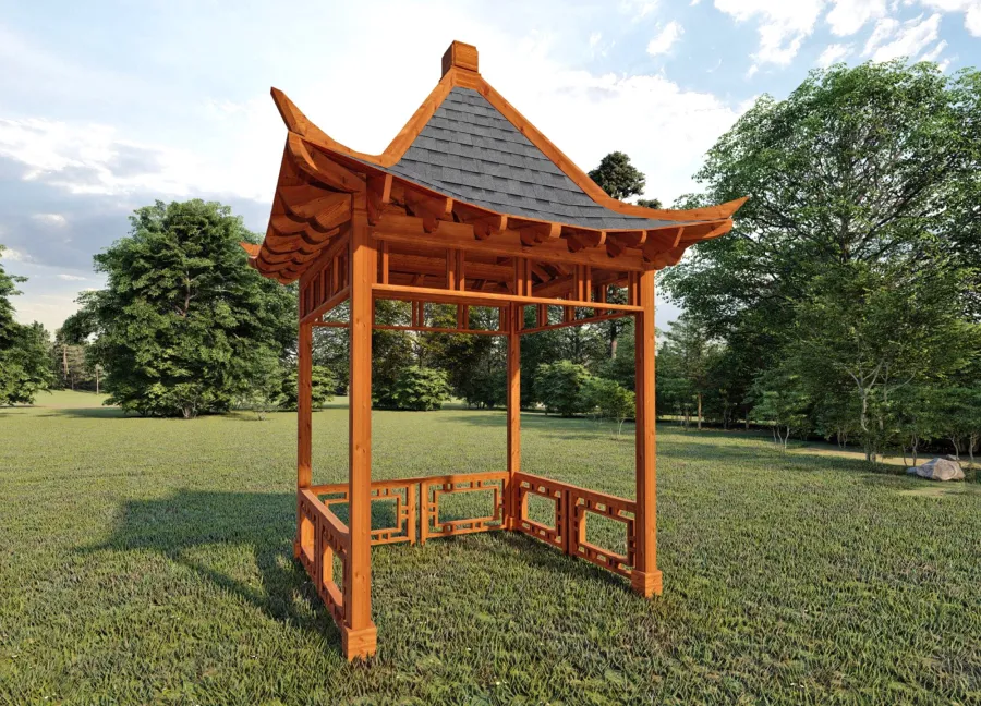 Dragon Pavilion (Conceptual drawing shows 10' x 10' post spacing and roofing size at 13' 6' x 13' 6").
