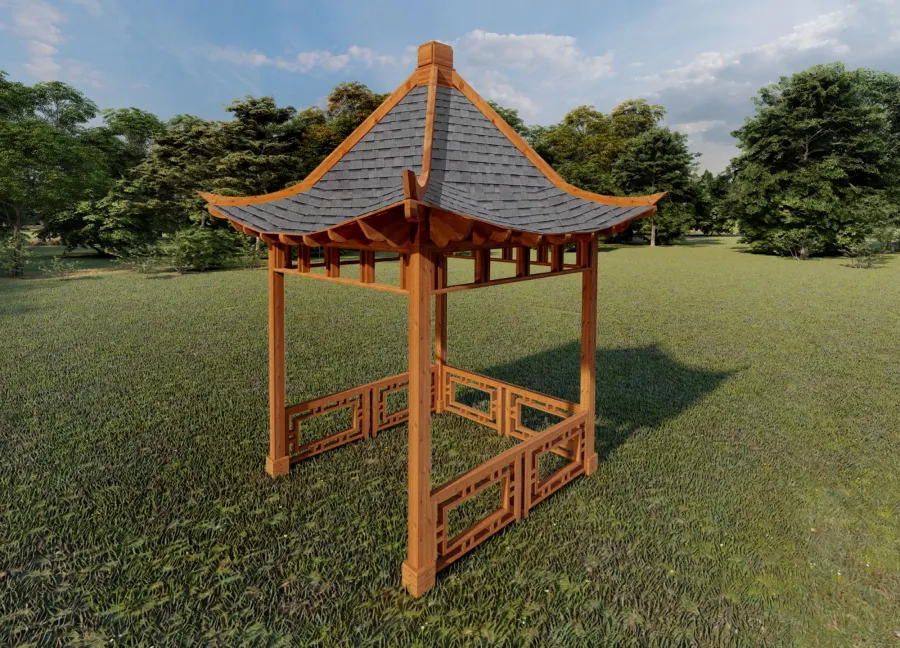 Dragon Pavilion (Conceptual drawing shows 10' x 10' post spacing and roofing size at 13' 6' x 13' 6").