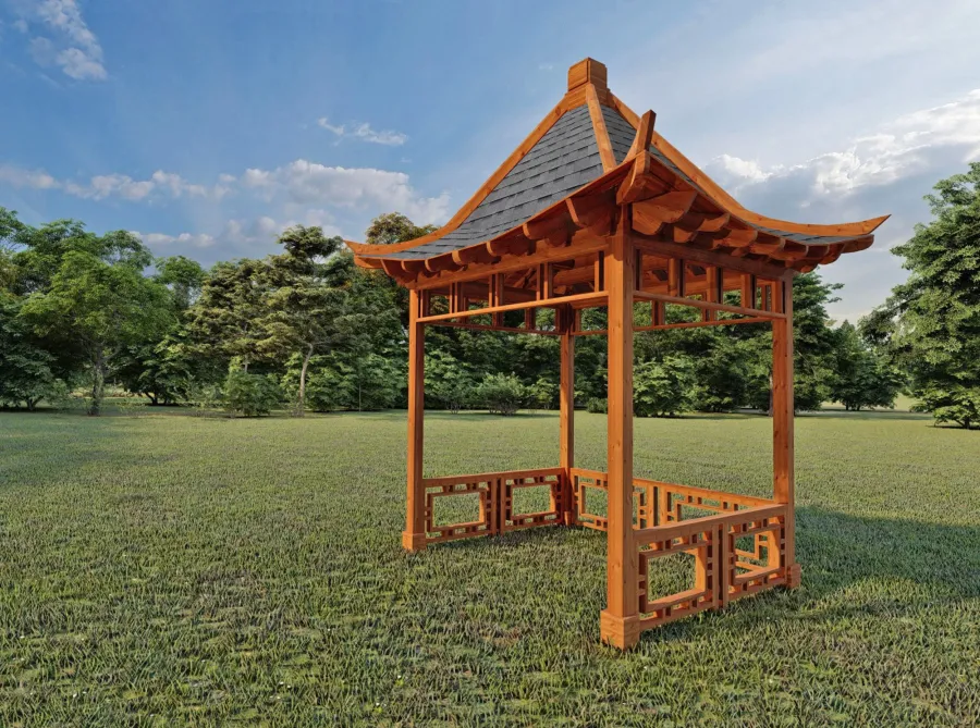 Dragon Pavilion (Conceptual drawing shows 10' x 10' post spacing and roofing size at 13' 6' x 13' 6").