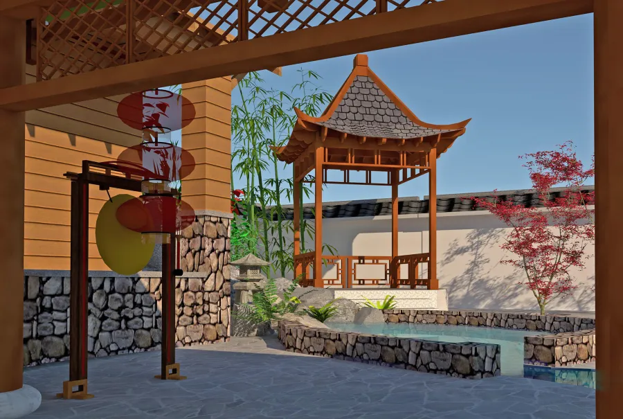 Dragon Pavilion (Conceptual drawing shows 10' x 10' post spacing and roofing size at 13' 6' x 13' 6").