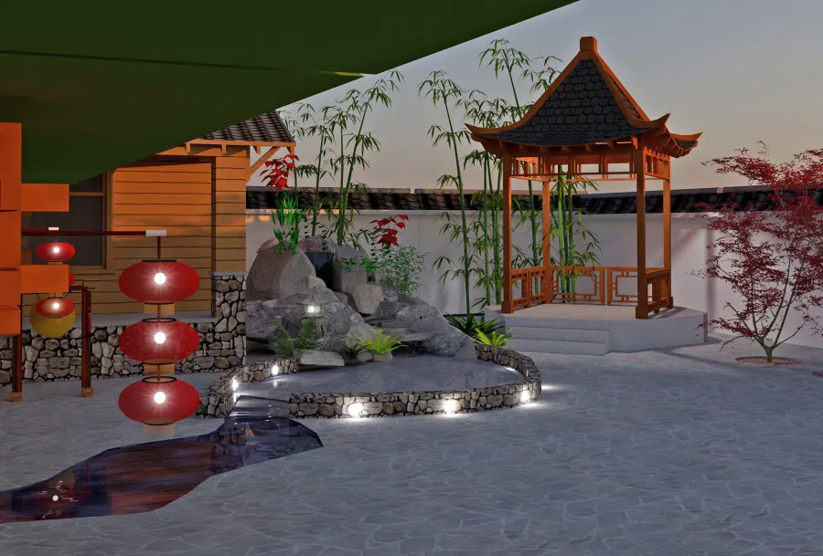 Dragon Pavilion (Conceptual drawing shows 10' x 10' post spacing and roofing size at 13' 6' x 13' 6").