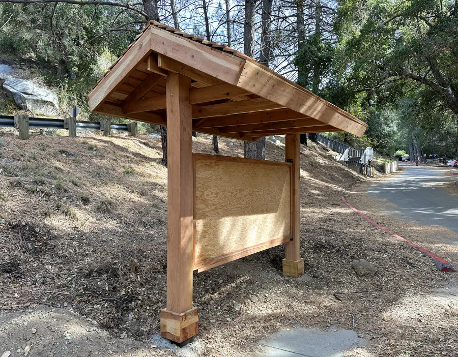 Emerald Necklace Trail Kiosk (Options: 8' x 4', 8x8 Posts, California Redwood, Transparent Premium Sealant). Address: 701 Angeles Crest Hwy, Tujunga, CA 91042. Photo Taken 2 Years After Installation.