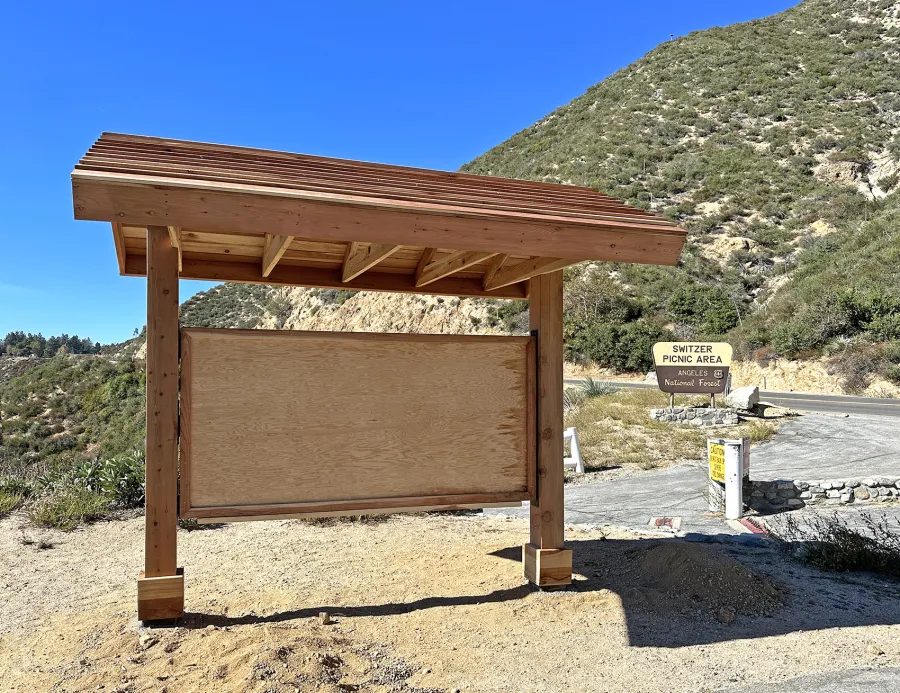 Emerald Necklace Trail Kiosk (Options: 8' x 4', 8x8 Posts, California Redwood, Transparent Premium Sealant). Address: 701 Angeles Crest Hwy, Tujunga, CA 91042. Photo Taken 2 Years After Installation.