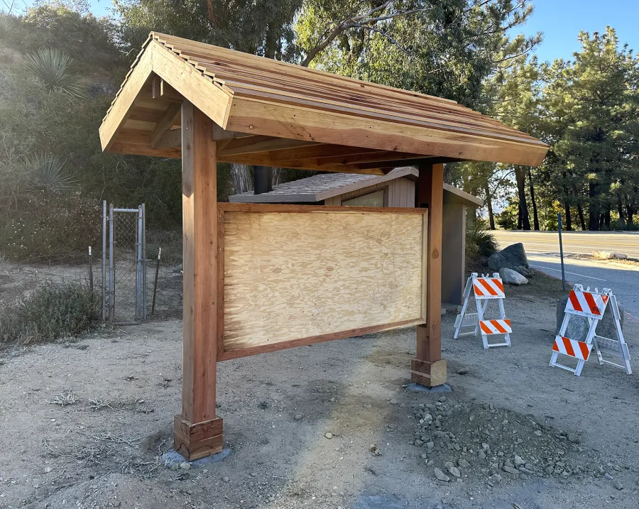 Emerald Necklace Trail Kiosk (Options: 8' x 4', 8x8 Posts, California Redwood, Transparent Premium Sealant). Address: 701 Angeles Crest Hwy, Tujunga, CA 91042. Photo Taken 2 Years After Installation.