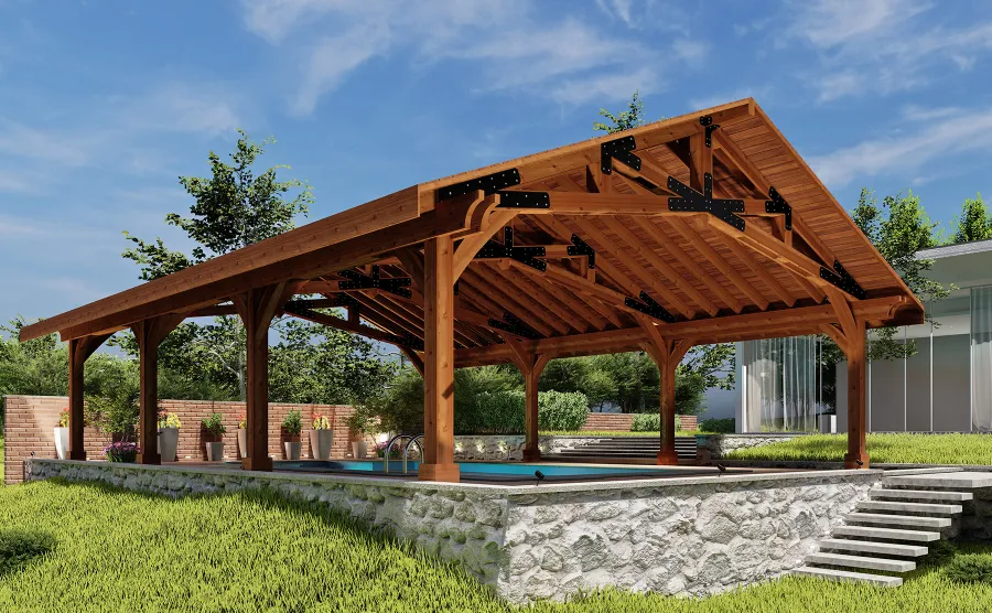 Esther Scissor Truss Pavilion (Options: 40’ L x 30’ W). Image shown is a scaled rendering.