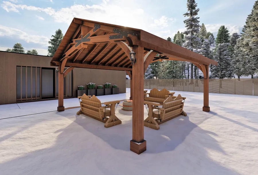 Esther Scissor Truss Pavilion (Options: 20’ L x 20’ W). Image shown is a scaled rendering.