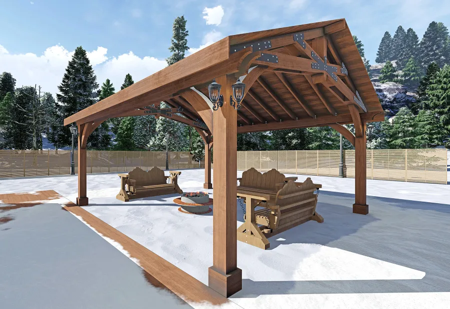 Esther Scissor Truss Pavilion (Options: 20’ L x 20’ W). Image shown is a scaled rendering.
