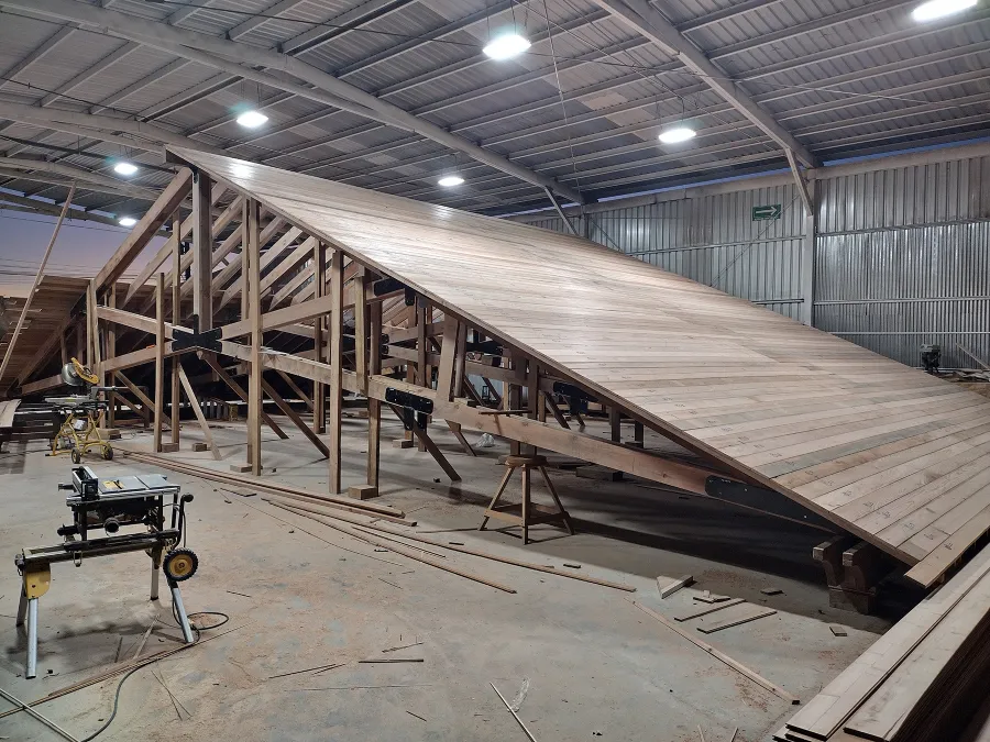Esther Scissor Truss Pavilion in Production. (Options: 33' L x 63' W).