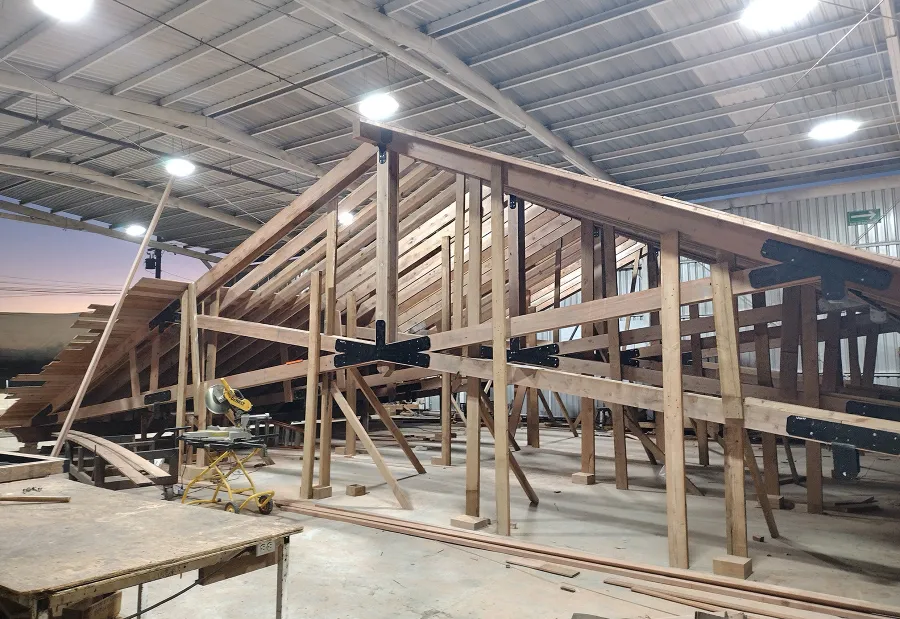 Esther Scissor Truss Pavilion in Production. (Options: 33' L x 63' W).