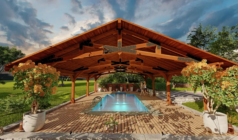 Esther Scissor Truss Pavilion (Options: 40’ L x 30’ W). Image shown is a scaled rendering.