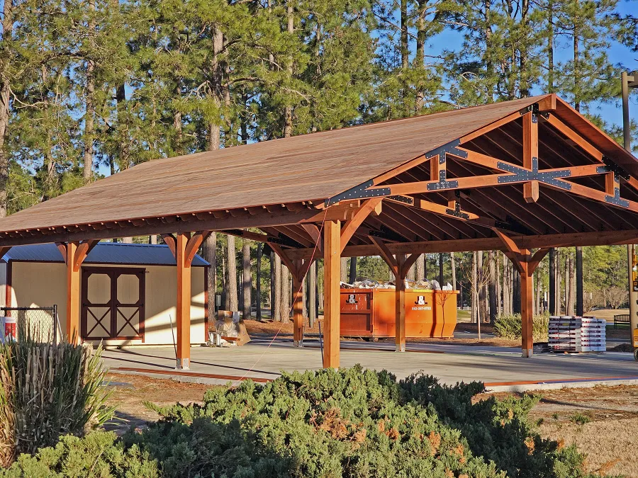 Esther Scissor Truss Pavilion (Options: 45’ L x 35’ W, California Redwood, Standard 3/4" T&G Roof Boards, 10' H Posts, with 3 Ceiling Fan Bases, 8 High-Wind Post Anchors, Transparent Premium Sealant). Photo Courtesy of F. Parini of Myrtle Beach, South Carolina.