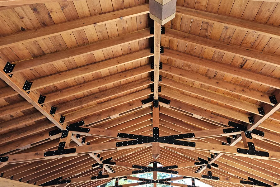 Esther Scissor Truss Pavilion (Options: 45’ L x 35’ W, California Redwood, Standard 3/4" T&G Roof Boards, 10' H Posts, with 3 Ceiling Fan Bases, 8 High-Wind Post Anchors, Transparent Premium Sealant). Photo Courtesy of F. Parini of Myrtle Beach, South Carolina.