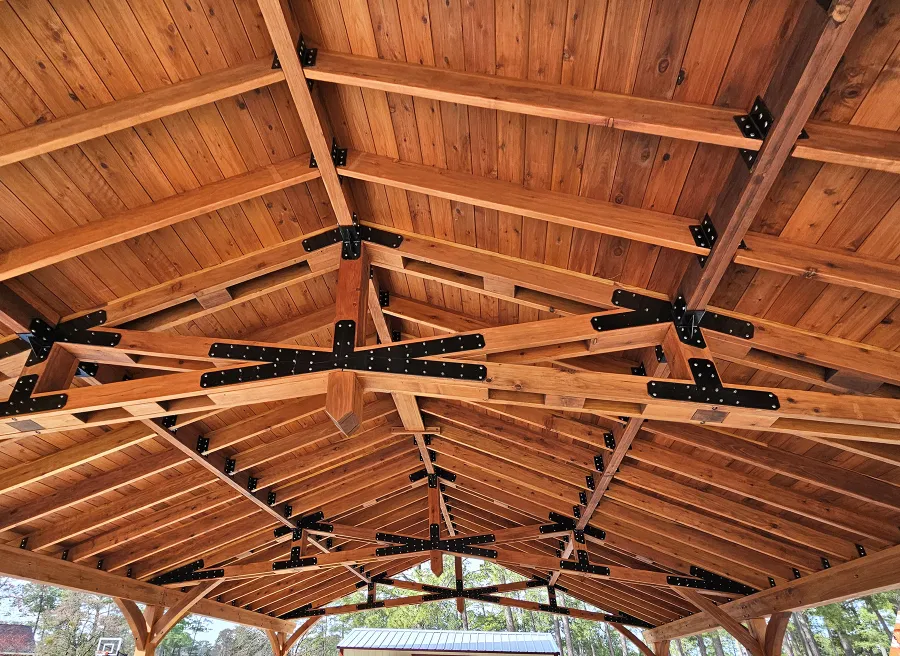 Esther Scissor Truss Pavilion (Options: 45’ L x 35’ W, California Redwood, Standard 3/4" T&G Roof Boards, 10' H Posts, with 3 Ceiling Fan Bases, 8 High-Wind Post Anchors, Transparent Premium Sealant). Photo Courtesy of F. Parini of Myrtle Beach, South Carolina.