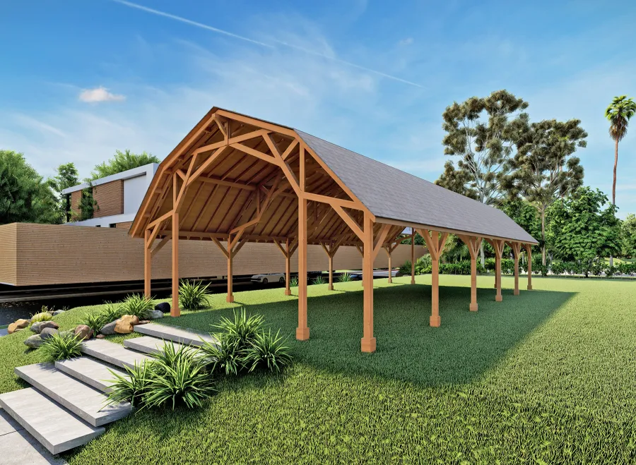 Falcon Wing Pavilion (Options: 60' L x 30' Arc W, California Redwood, 10ft H, Transparent Premium Sealant). Image Shown is a Scaled Rendering.