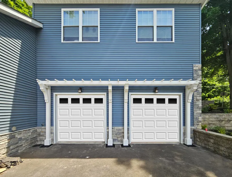 Custom Garage Arbor Kits (Options: 23'-4" x 24", Mosaic Douglas-Fir, 9.5 ft Posts, 6x6 Posts, 4x6 Braces, 6x6 Supports, 2x6 Joists, 2x2 Slats, 15" Slats Spacing, Post Anchor Kit for Concrete, Off-White Oil-Based Primer). Photo Courtesy of P. Paton of Hulmeville, PA.