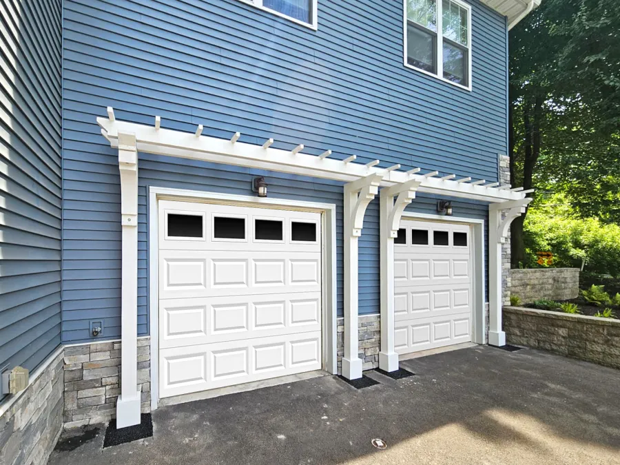 Custom Garage Arbor Kits (Options: 23'-4" x 24", Mosaic Douglas-Fir, 9.5 ft Posts, 6x6 Posts, 4x6 Braces, 6x6 Supports, 2x6 Joists, 2x2 Slats, 15" Slats Spacing, Post Anchor Kit for Concrete, Off-White Oil-Based Primer). Photo Courtesy of P. Paton of Hulmeville, PA.