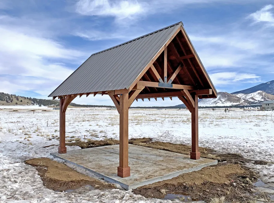 Gothic Pavilion  (Options: 18' L x 14' W, Mature Redwood, 8x8 Posts, 4-Post Anchor Kit for High-Wind, No Electrical Wiring Trims, No Fan Base, Coffee-Stain Premium Sealant). Photo Courtesy of G. Szarameta of Flagstaff, AZ.