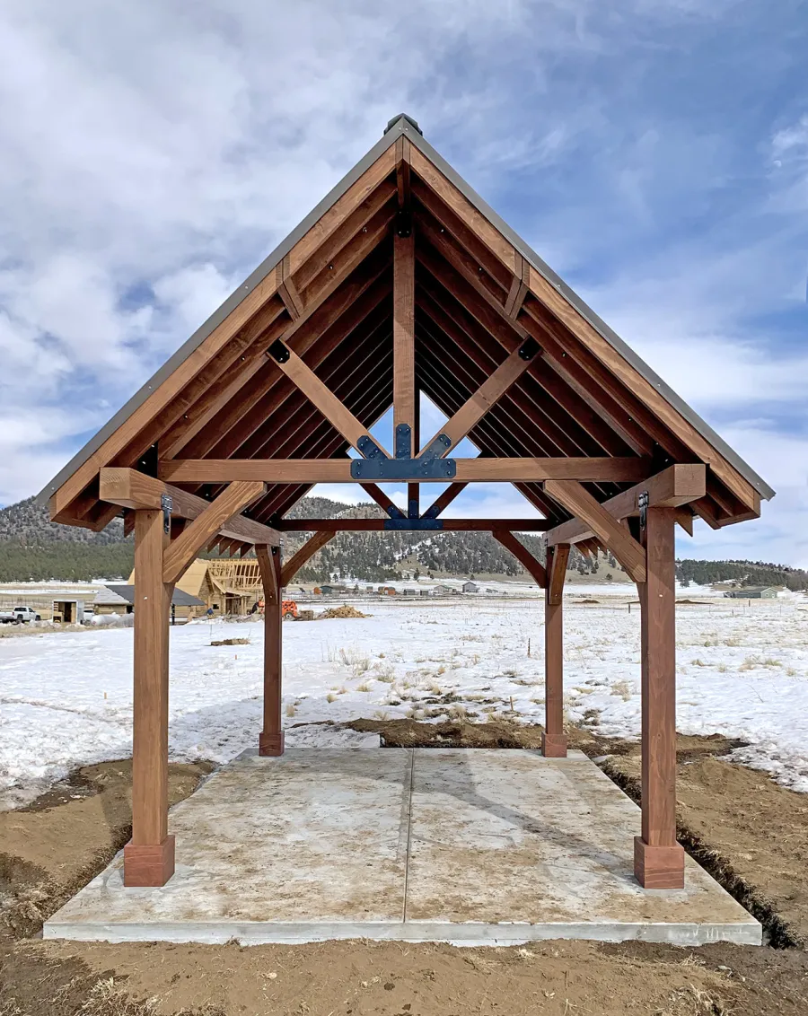Gothic Pavilion  (Options: 18' L x 14' W, Mature Redwood, 8x8 Posts, 4-Post Anchor Kit for High-Wind, No Electrical Wiring Trims, No Fan Base, Coffee-Stain Premium Sealant). Photo Courtesy of G. Szarameta of Flagstaff, AZ.