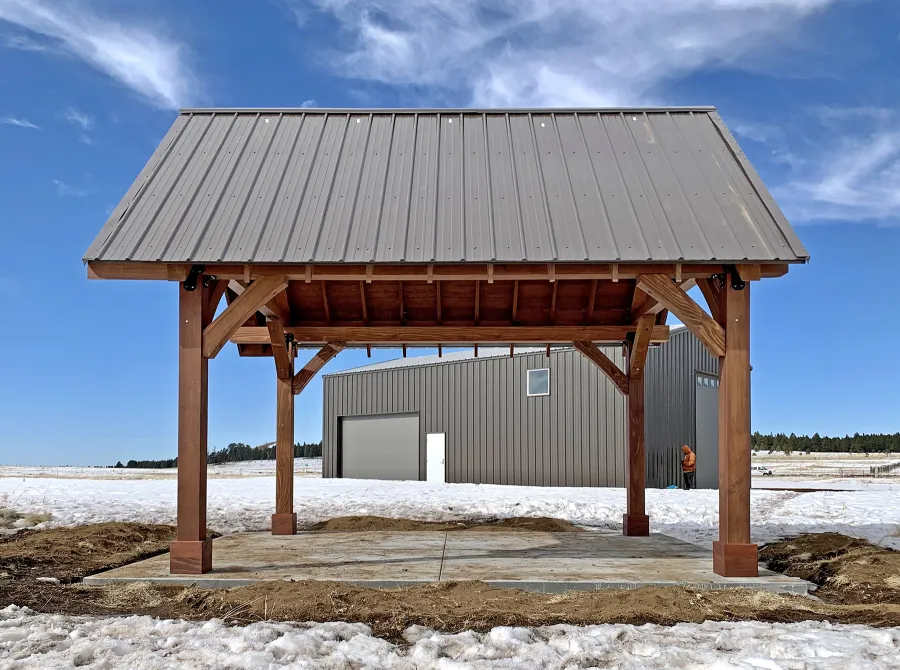 Gothic Pavilion  (Options: 18' L x 14' W, Mature Redwood, 8x8 Posts, 4-Post Anchor Kit for High-Wind, No Electrical Wiring Trims, No Fan Base, Coffee-Stain Premium Sealant). Photo Courtesy of G. Szarameta of Flagstaff, AZ.