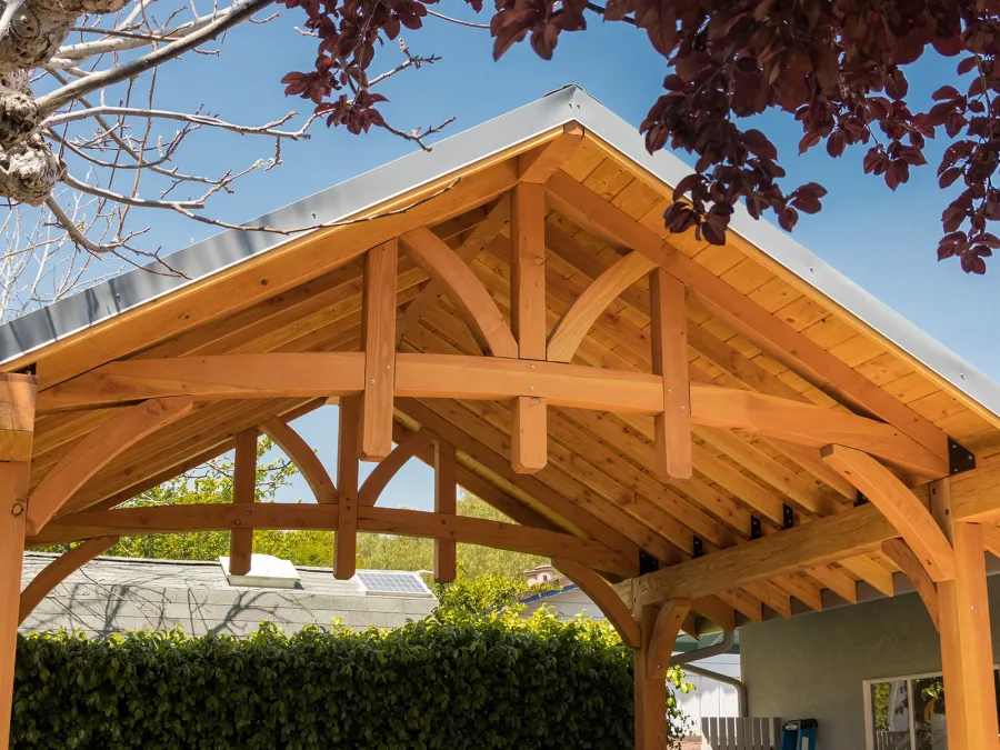 Custom Granada Pavilion (Options: 18 ft L x 20 ft W, Douglas-fir, 4-Post Anchor Kit for High-Wind, Custom End Cuts, Transparent Premium Sealant). Photo Courtesy of J. Woodwin of Fremont, CA.