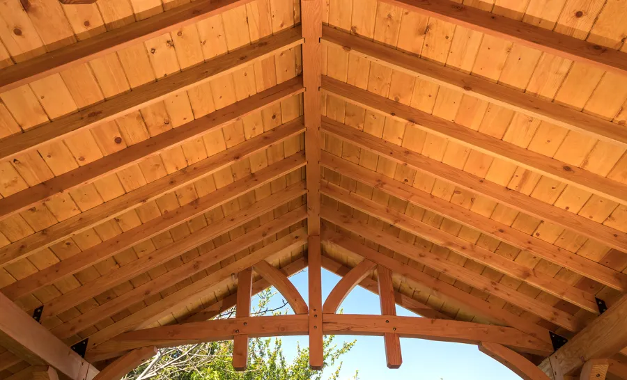 Custom Granada Pavilion (Options: 18 ft L x 20 ft W, Douglas-fir, 4-Post Anchor Kit for High-Wind, Custom End Cuts, Transparent Premium Sealant). Photo Courtesy of J. Woodwin of Fremont, CA.