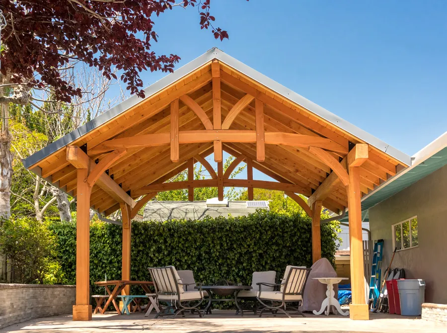 Custom Granada Pavilion (Options: 18 ft L x 20 ft W, Douglas-fir, 4-Post Anchor Kit for High-Wind, Custom End Cuts, Transparent Premium Sealant). Photo Courtesy of J. Woodwin of Fremont, CA.