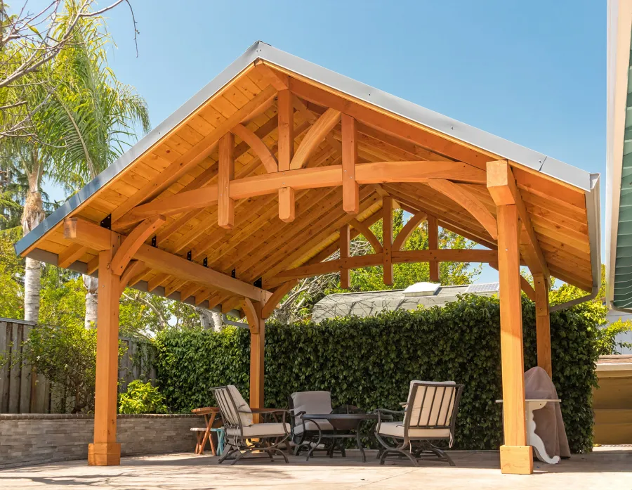 Custom Granada Pavilion (Options: 18 ft L x 20 ft W, Douglas-fir, 4-Post Anchor Kit for High-Wind, Custom End Cuts, Transparent Premium Sealant). Photo Courtesy of J. Woodwin of Fremont, CA.