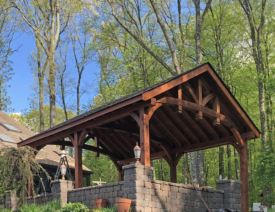 Granada Pavilion (Options: 8in x 8in Post Thickness, 24' L x 18' W, No Privacy Panels, Mature Redwood, with Fascia Boards, 9.5 ft Post Height, Electrical Wiring Trim for 2 Posts, No Post Decorative Trim, 6-Post Anchor Kit for High-Wind, No Ceiling Fan Base, No Curtain Rods, Transparent Premium Sealant). Photo Courtesy of A. Czysz of New Tripoli, Pennsylvania.