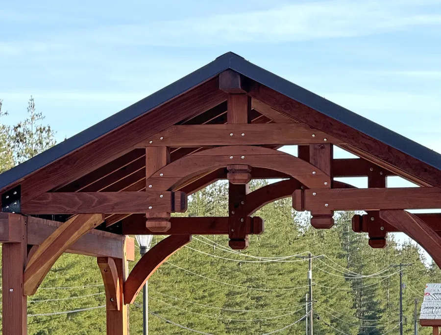 Custom Granada Pavilions (Options: 6in x 6in Posts, 12.5 ft x 12.5 ft, California Redwood, 4-Post Anchor Kit for High-Wind, with Fascia Board, No Curtain Rods, No Ceiling Fan Base, Transparent Premium Sealant). Photo Courtesy of D. Pinkerton of Coeur d'Alene, ID.