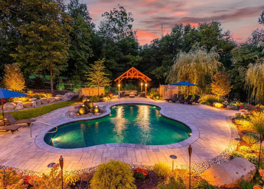 Granada Pavilion (Options: 8in x 8in Posts, 18 ft x 18 ft, Douglas-fir, 4-Post Anchor Kit for High-Wind, with Fascia Board, No Curtain Rods, 1 Ceiling Fan Base, Coffee-Stain Premium Sealant). Photo Courtesy of J. Benedetto of Montville, NJ.