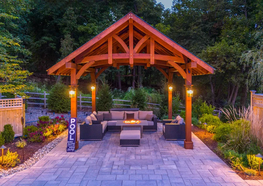 Granada Pavilion (Options: 8in x 8in Posts, 18 ft x 18 ft, Douglas-fir, 4-Post Anchor Kit for High-Wind, with Fascia Board, No Curtain Rods, 1 Ceiling Fan Base, Coffee-Stain Premium Sealant). Photo Courtesy of J. Benedetto of Montville, NJ.