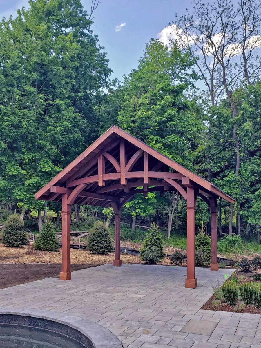 Custom The Granada Pavilion (Options: 8in x 8in Posts, 18 ft x 18 ft, Douglas-fir, 4-Post Anchor Kit for High-Wind, with Fascia Board, No Curtain Rods, 1 Ceiling Fan Base, Coffee-Stain Premium Sealant). Photo Courtesy of J. Benedetto of Montville, NJ.