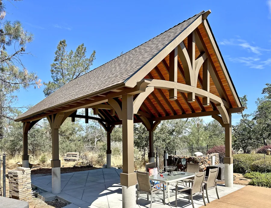 Custom Granada Pavilion (Options: 30’ L x 20’ W, Mosaic Douglas-Fir, Increased Roof Pitch From 7/12 to 10/12 by Custom Request, Post Anchor Kit for High Wind, No Electrical Wiring Trim Kit, 2 Ceiling Fan Bases, Custom Finish [Transparent Premium Sealant for Roof Boards]), Photo Courtesy of K. Kremer of Chico, CA.