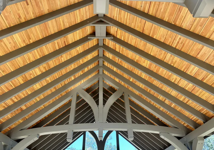 Custom Granada Pavilion (Options: 30’ L x 20’ W, Mosaic Douglas-Fir, Increased Roof Pitch From 7/12 to 10/12 by Custom Request, Post Anchor Kit for High Wind, No Electrical Wiring Trim Kit, 2 Ceiling Fan Bases, Custom Finish [Transparent Premium Sealant for Roof Boards]), Photo Courtesy of K. Kremer of Chico, CA.