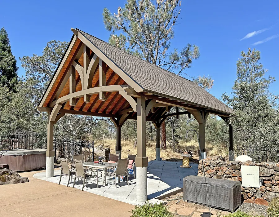 Custom Granada Pavilion (Options: 30’ L x 20’ W, Mosaic Douglas-Fir, Increased Roof Pitch From 7/12 to 10/12 by Custom Request, Post Anchor Kit for High Wind, No Electrical Wiring Trim Kit, 2 Ceiling Fan Bases, Custom Finish [Transparent Premium Sealant for Roof Boards]), Photo Courtesy of K. Kremer of Chico, CA.