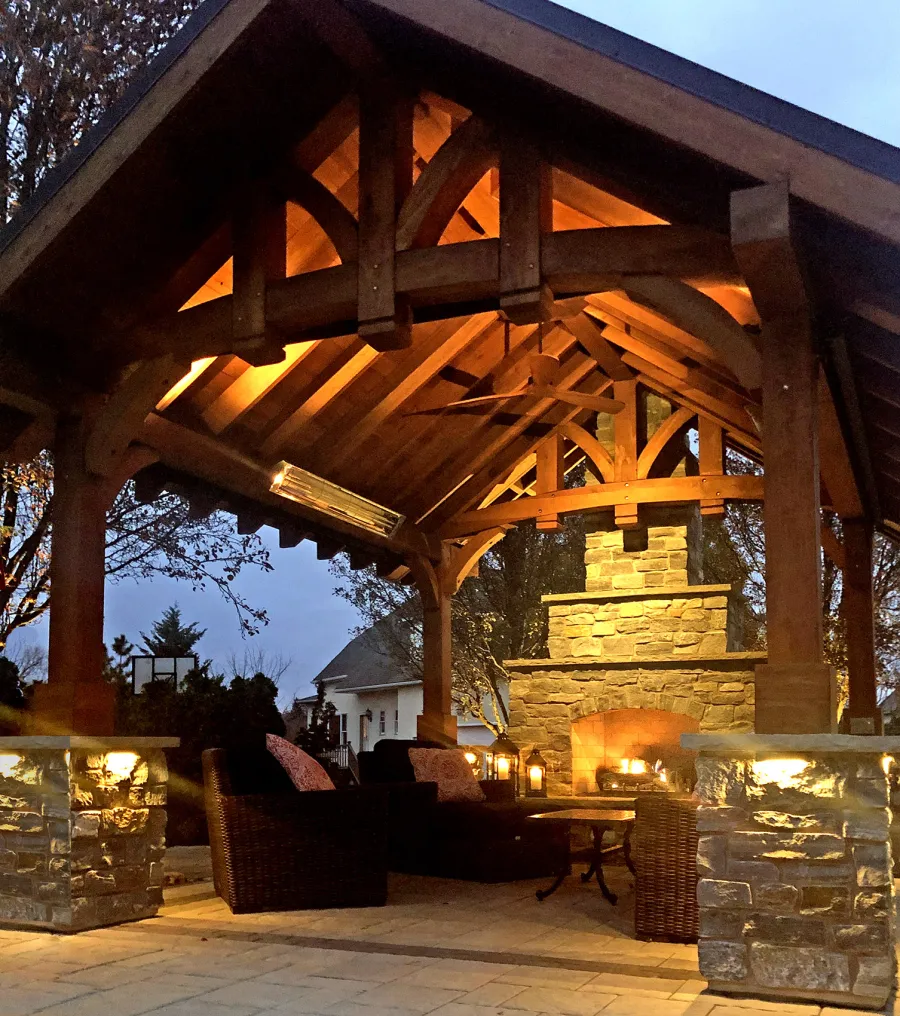 Granada Pavilion (Options: 8in x 8in post thickness, 17' L x 15' W, No Privacy Panels, Mature Redwood, No Fascia Board for Gutters, 9 ft Post Height, 4 Electrical Wiring Trims, No Post Decorative Trim, 4-Post Anchor Kit for High-Wind, 1 Ceiling Fan Base, No Curtain Rods, Transparent Premium Sealant). Photo Courtesy of D. Seed of Allentown, Pennsylvania