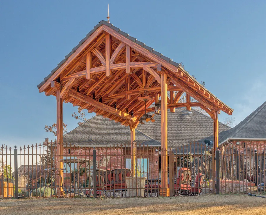 Custom Granada Pavilion (Options: 20 ft x 15 ft, Mosaic Redwood, 4-Post Anchor Kit for High-Wind, No Fascia Board, No Curtain Rods, 3 Ceiling Fan Bases, Transparent Premium Sealant). Shake from DaVinci Roof [https://www.davinciroofscapes.com/]. Photo Courtesy of K. Lowe of Newcastle, Oklahoma.