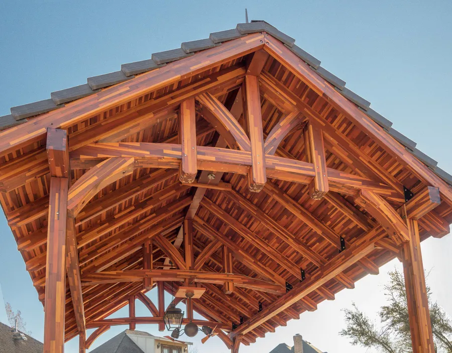 Custom Granada Pavilion (Options: 20 ft x 15 ft, Mosaic Redwood, 4-Post Anchor Kit for High-Wind, No Fascia Board, No Curtain Rods, 3 Ceiling Fan Bases, Transparent Premium Sealant). Shake from DaVinci Roof [https://www.davinciroofscapes.com/]. Photo Courtesy of K. Lowe of Newcastle, Oklahoma.
