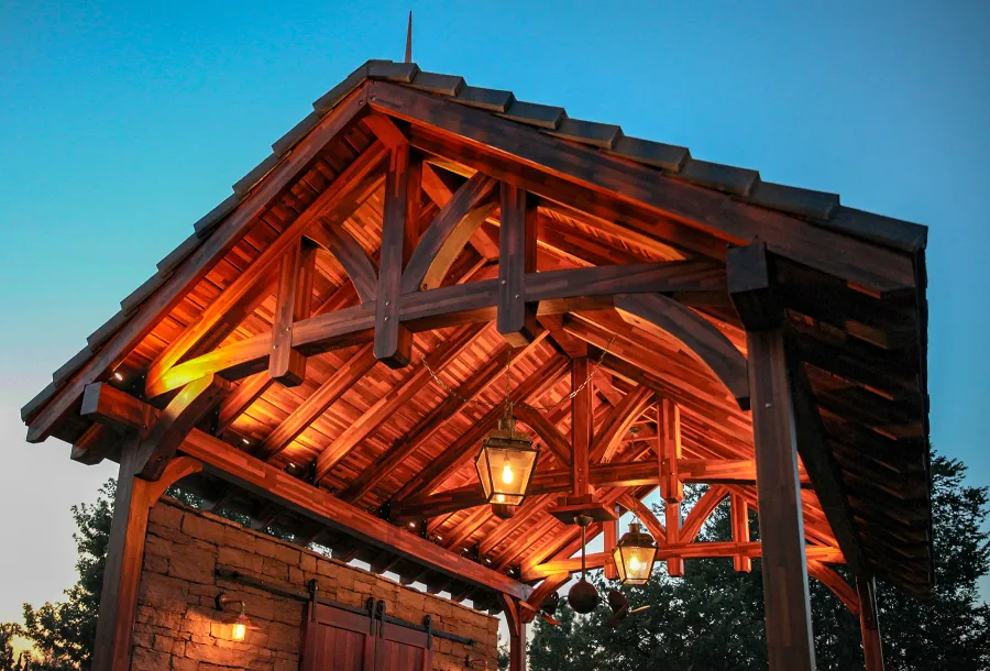 Custom Granada Pavilion (Options: 20 ft x 15 ft, Mosaic Redwood, 4-Post Anchor Kit for High-Wind, No Fascia Board, No Curtain Rods, 3 Ceiling Fan Bases, Transparent Premium Sealant). Shake from DaVinci Roof [https://www.davinciroofscapes.com/]. Photo Courtesy of K. Lowe of Newcastle, Oklahoma.