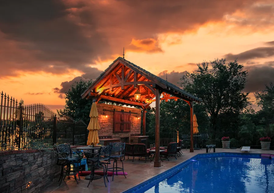 Custom Granada Pavilion (Options: 20 ft x 15 ft, Mosaic Redwood, 4-Post Anchor Kit for High-Wind, No Fascia Board, No Curtain Rods, 3 Ceiling Fan Bases, Transparent Premium Sealant). Shake from DaVinci Roof [https://www.davinciroofscapes.com/]. Photo Courtesy of K. Lowe of Newcastle, Oklahoma.
