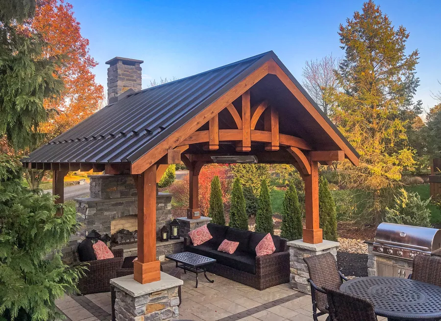 Granada Pavilion (Options: 8in x 8in post thickness, 17' L x 15' W, No Privacy Panels, Mature Redwood, No Fascia Board for Gutters, 9 ft Post Height, 4 Electrical Wiring Trims, No Post Decorative Trim, 4-Post Anchor Kit for High-Wind, 1 Ceiling Fan Base, No Curtain Rods, Transparent Premium Sealant). Photo Courtesy of D. Seed of Allentown, Pennsylvania