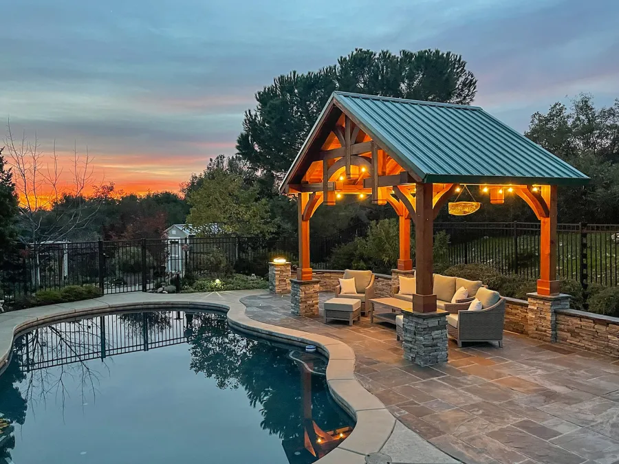 Custom Granada Pavilion (Options: 12’ L x 16’ W, California Redwood, 4-Post Anchor Kit for High Wind, Electrical Wiring Trim Kit for 1 Post, 1 Ceiling Fan Base, Transparent Premium Sealant), Photo Courtesy of S. Moore of Shingle Springs, California.