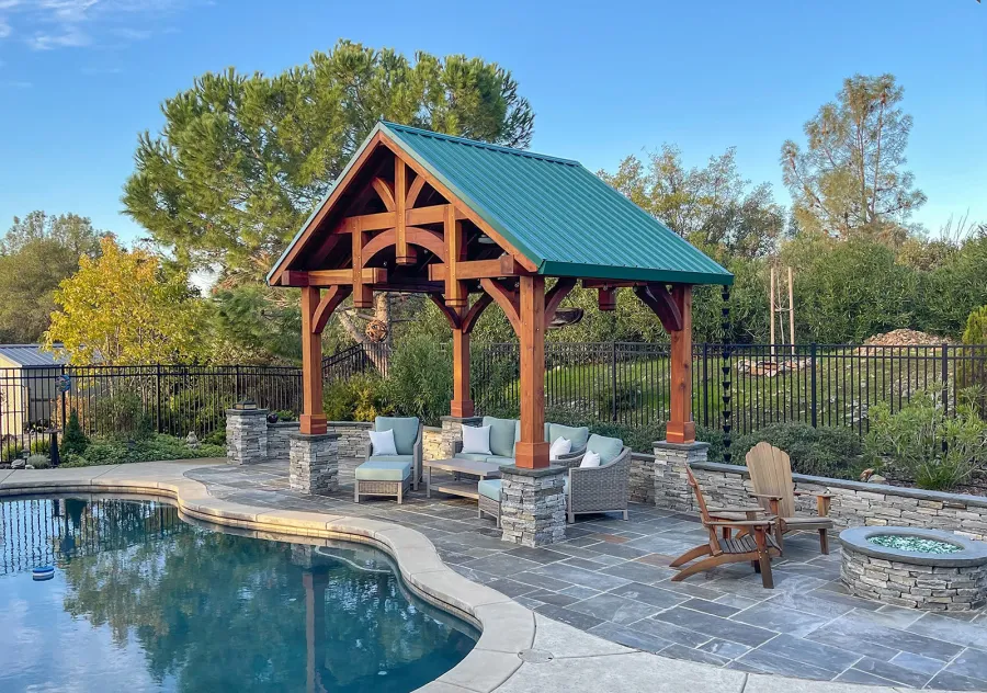 Custom Granada Pavilion (Options: 12’ L x 16’ W, California Redwood, 4-Post Anchor Kit for High Wind, Electrical Wiring Trim Kit for 1 Post, 1 Ceiling Fan Base, Transparent Premium Sealant), Photo Courtesy of S. Moore of Shingle Springs, California.
