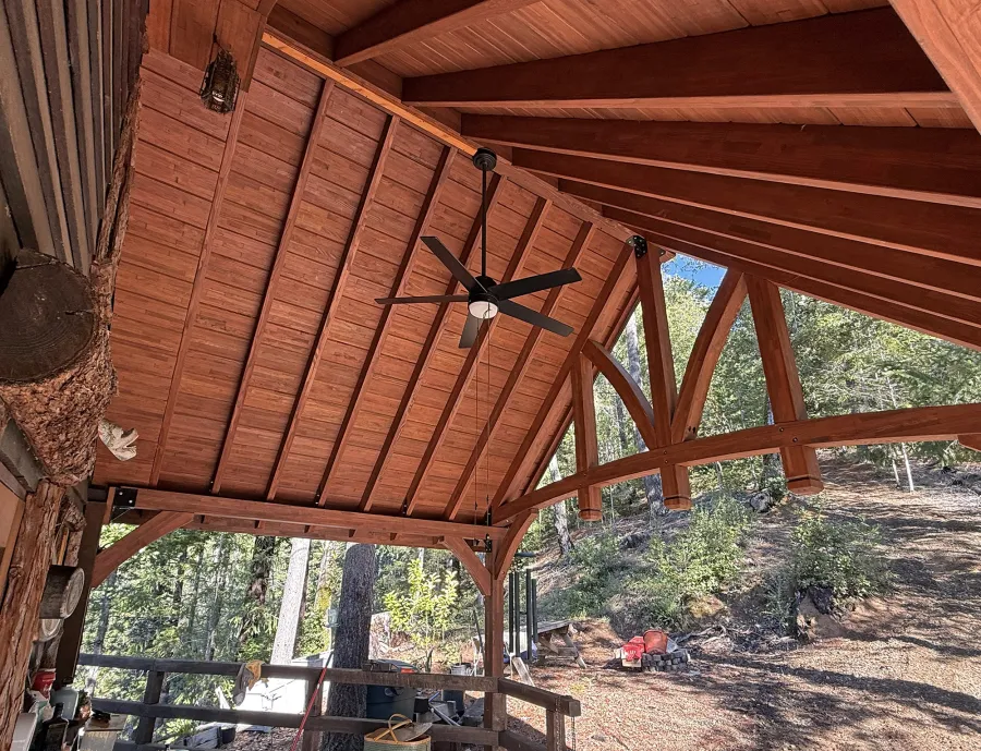 Custom Attached Granada Pavilion (Options: 10’ L x 18’ W, Mosaic Redwood, Increased Roof Pitch by Custom Request, Post Anchor Kit for High Wind, No Electrical Wiring Trim Kit, No Ceiling Fan Base, Coffee-Stain Premium Sealant).