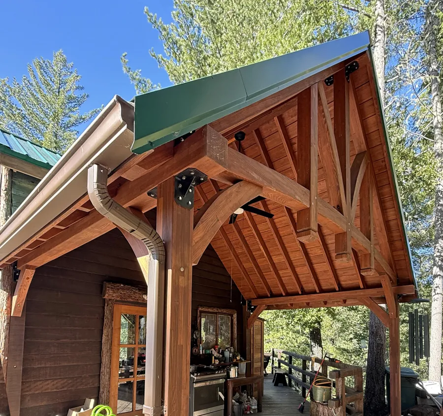 Custom Attached Granada Pavilion (Options: 10’ L x 18’ W, Mosaic Redwood, Increased Roof Pitch by Custom Request, Post Anchor Kit for High Wind, No Electrical Wiring Trim Kit, No Ceiling Fan Base, Coffee-Stain Premium Sealant).
