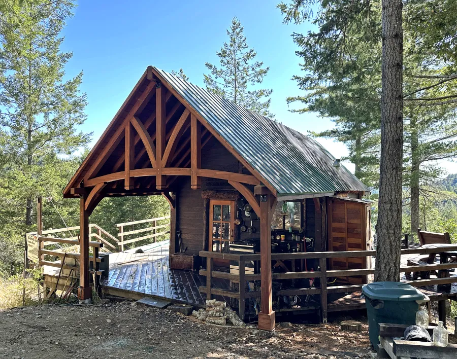 Custom Attached Granada Pavilion (Options: 10’ L x 18’ W, Mosaic Redwood, Increased Roof Pitch by Custom Request, Post Anchor Kit for High Wind, No Electrical Wiring Trim Kit, No Ceiling Fan Base, Coffee-Stain Premium Sealant).
