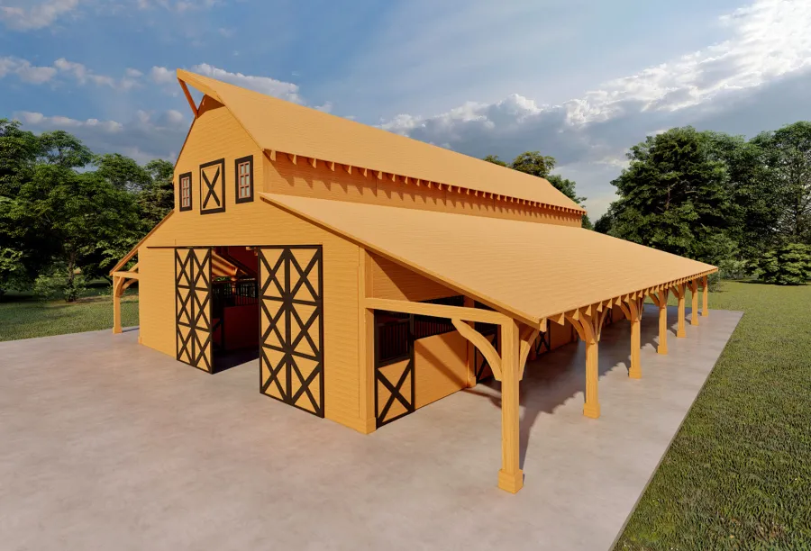 Heavenly Horse Barndominium  (Options: 74' L x 63' W). Image shown is a scaled rendering.