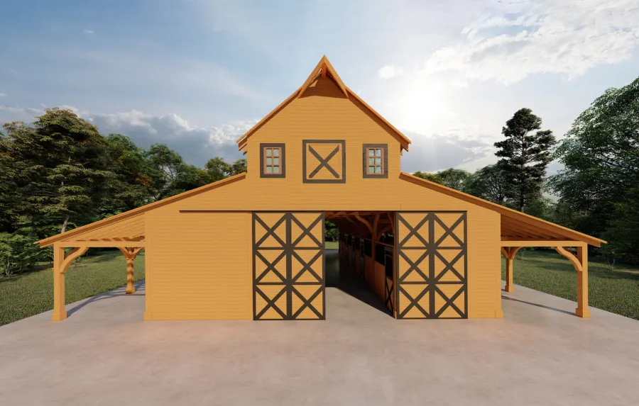 Heavenly Horse Barndominium  (Options: 74' L x 63' W). Image shown is a scaled rendering.