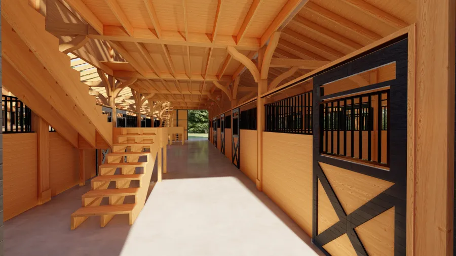 Heavenly Horse Barndominium (Options: 74' L x 63' W). Image shown is a scaled rendering. (interior view with ladders).